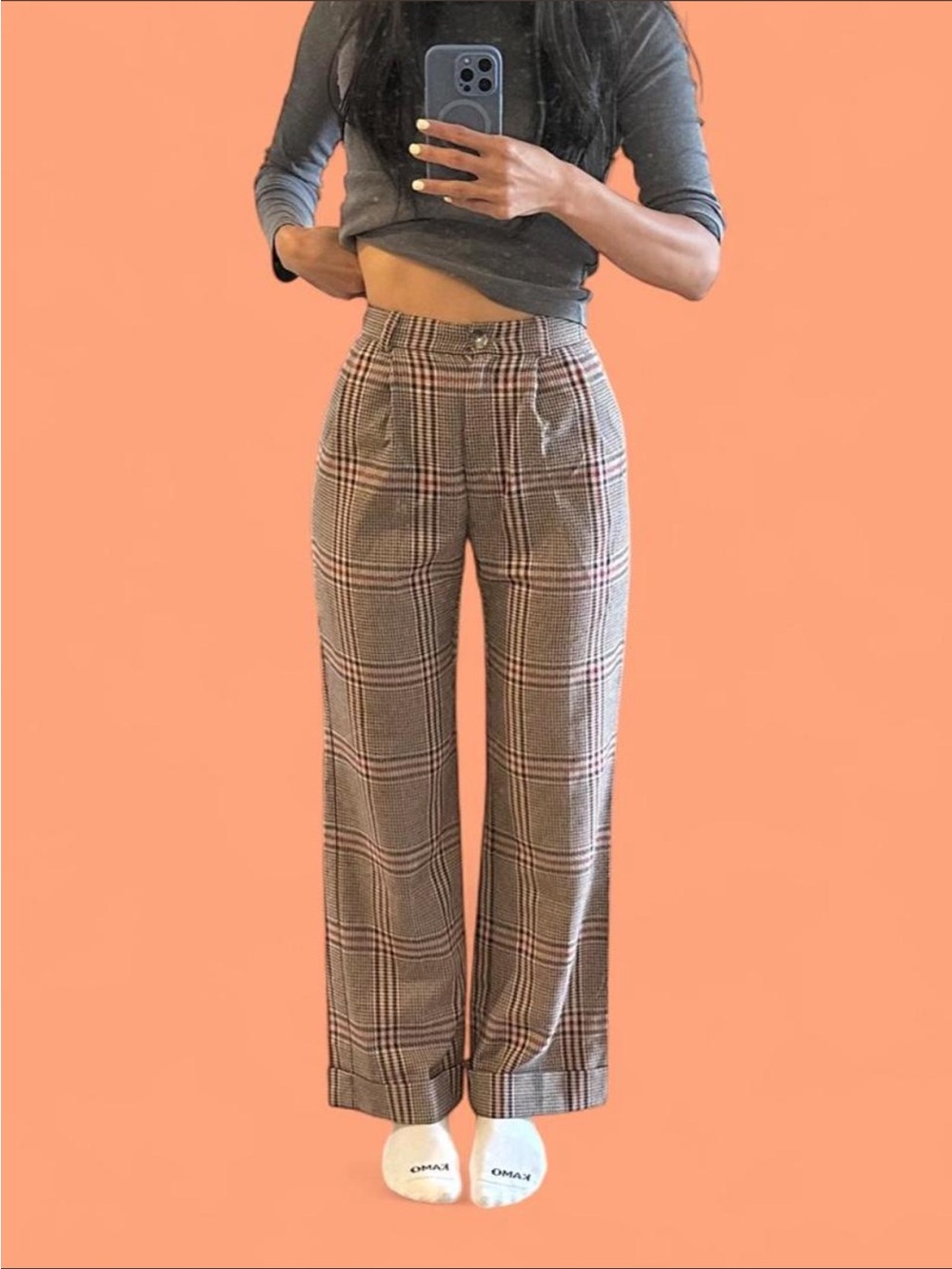 Aritzia High-Waist Plaid Wide-Leg Trousers in Brown
